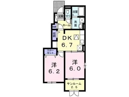 オーブ・ヴィラージュII(2DK/1階)の間取り写真