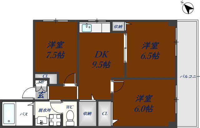 アプトシティ八尾(3DK/2階)の間取り写真