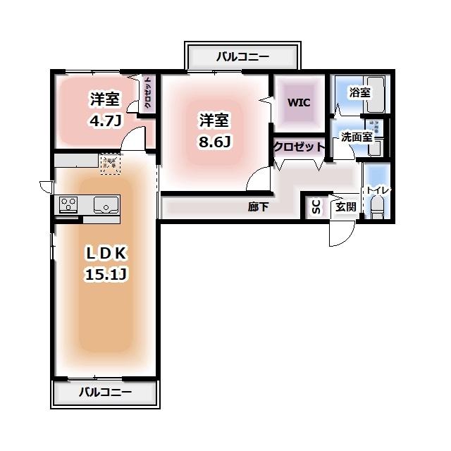 KOMOREBI GARDEN中田本町B(2LDK/2階)の間取り写真