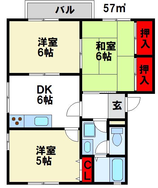 コーポハピネスII D棟(3DK/2階)の間取り写真