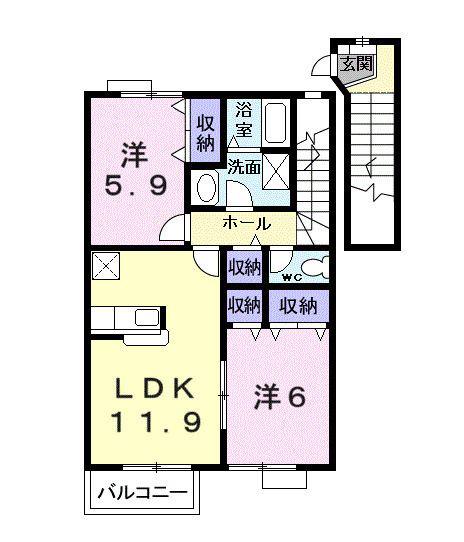 パッシオネS-II(2LDK/2階)の間取り写真