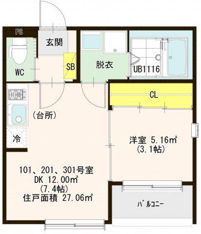 エトワール六町(1DK/1階)の間取り写真