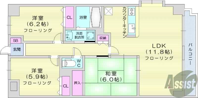 東仙台ガーデンハイツⅢ(3LDK/2階)の間取り写真