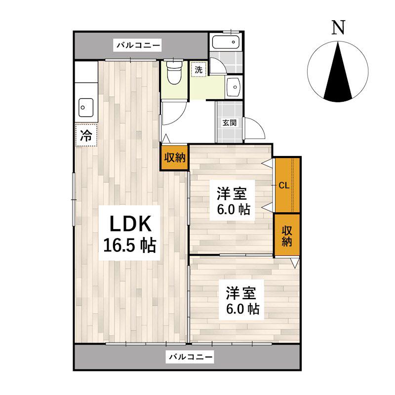 リノベ済リビング16.5帖の2LDK(2LDK/3階)の間取り写真