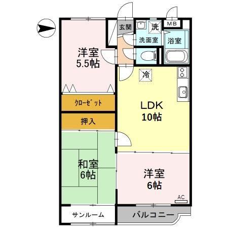 ファミーユ布瀬(3LDK/2階)の間取り写真