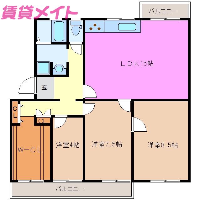 サニーハイツ松原公園B棟(3LDK/4階)の間取り写真