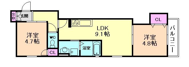 クリエオーレ西郷通(2LDK/2階)の間取り写真