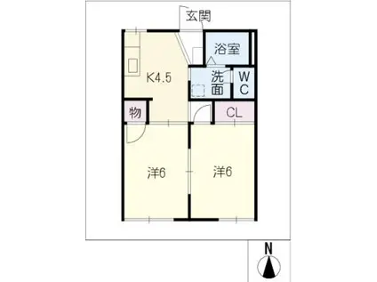 ウイングヒルB棟(2K/1階)の間取り写真