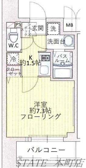 プレサンス谷町リーベ(1K/8階)の間取り写真