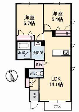 リズ老松 B棟(2LDK/1階)の間取り写真