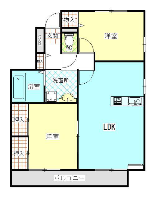 リラ・フカヤツ A棟(2LDK/2階)の間取り写真