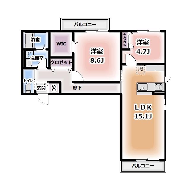 KOMOREBI GARDEN中田本町B(2LDK/2階)の間取り写真