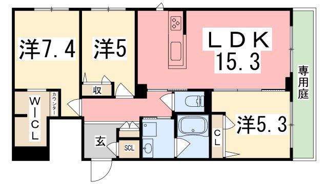 オカバ姫路網干シャーメゾン(3LDK/1階)の間取り写真