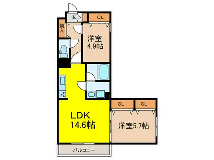 シェルメール住吉本町(2LDK/5階)の間取り写真