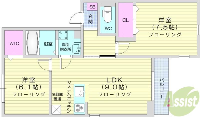 ルリアン小田原(2LDK/3階)の間取り写真