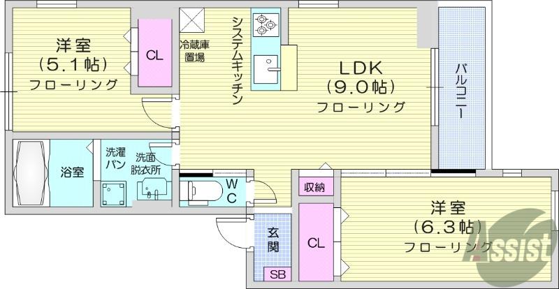 ルリアン小田原(2LDK/3階)の間取り写真