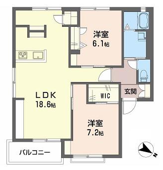 大毛寺ハイツB棟(2LDK/1階)の間取り写真