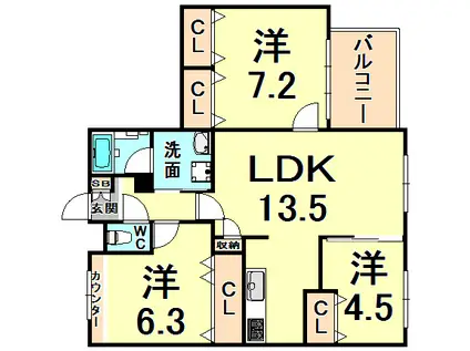 フローレンス武庫之荘3(3LDK/1階)の間取り写真