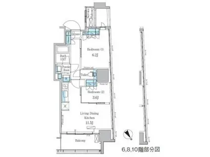 パークアクシス横濱関内SQUARE(2LDK/6階)の間取り写真