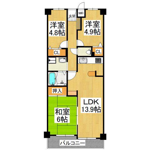 クローバーハイツ南花台(3LDK/2階)の間取り写真