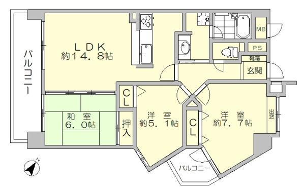 アーサー大橋エクシオII(3LDK/3階)の間取り写真