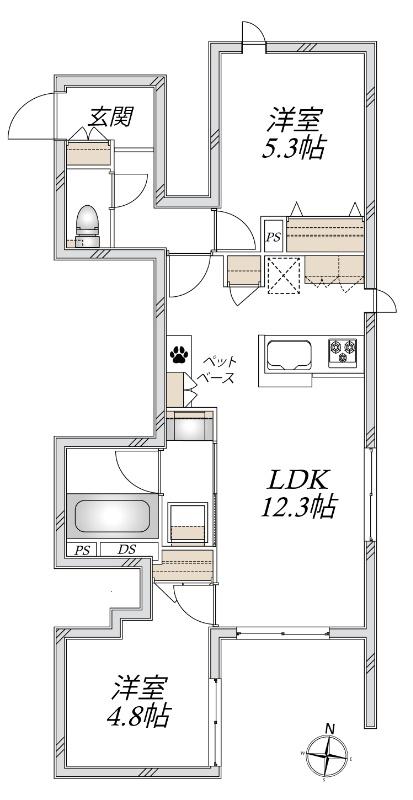 マリスタ大門(2LDK/1階)の間取り写真