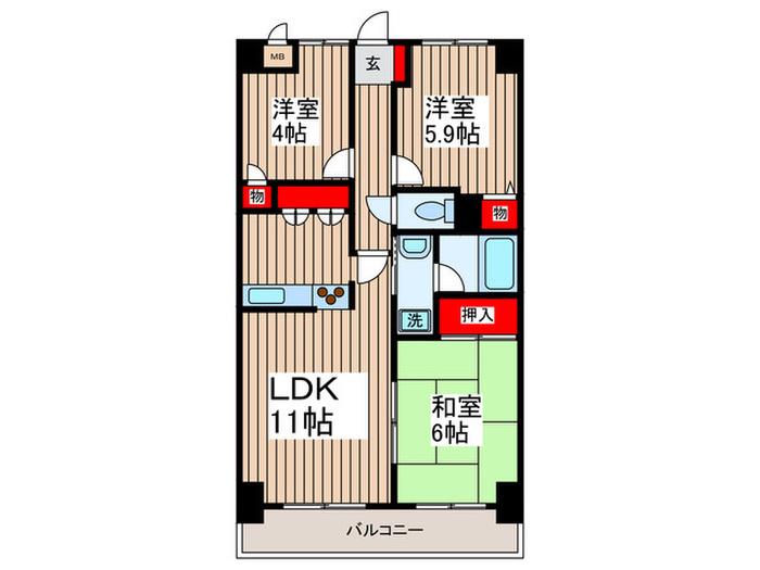 朝日パリオ狭山(3LDK/4階)の間取り写真