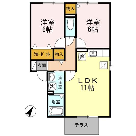 オリーブ A棟(2LDK/1階)の間取り写真