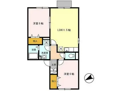 ラフィーネ二ツ屋(2LDK/1階)の間取り写真