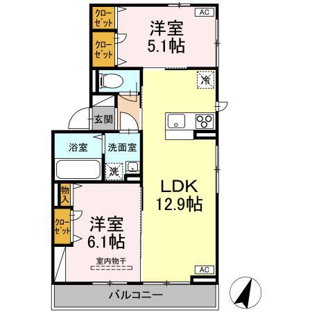クレージュ大和町(2LDK/3階)の間取り写真