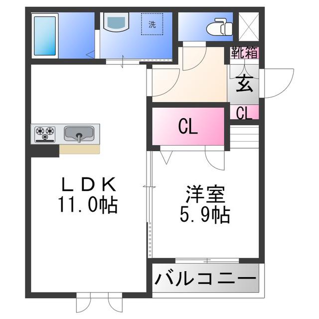 プロヌーブ今福II A棟(1LDK/2階)の間取り写真