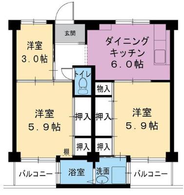 ビレッジハウス葛ノ葉6号棟(3DK/2階)の間取り写真