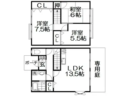 サンビレッジ桜丘(3LDK/1階)の間取り写真