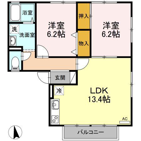 ハイカムールおびたB(2LDK/2階)の間取り写真
