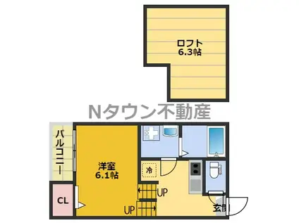ハーモニーテラス生駒町II(1K/1階)の間取り写真