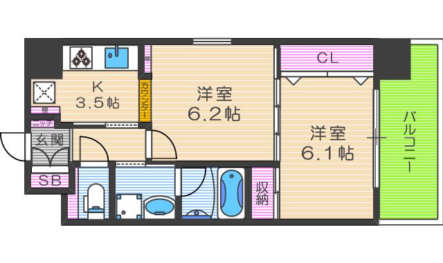 ラグレース福島(1DK/9階)の間取り写真