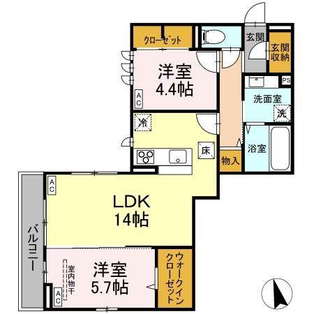 DーROOM六十人町 B B棟(2LDK/2階)の間取り写真