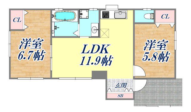 キャッスルアート三宮東(2LDK/1階)の間取り写真