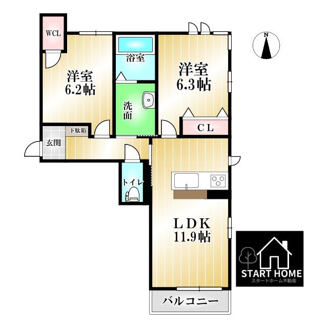ベレオ名東(2LDK/2階)の間取り写真