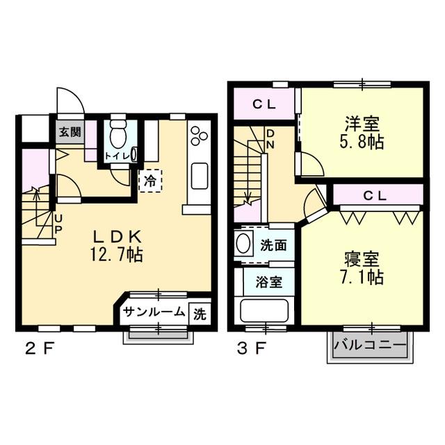 ナチュラルヴィレッジ城川原I(2LDK/1階)の間取り写真