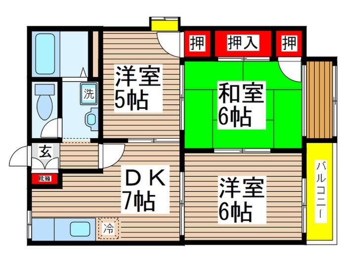 HILLS新検見川B棟(3DK/2階)の間取り写真