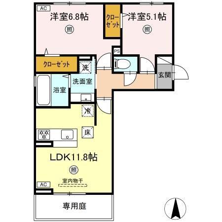 トリシア野多目I(2LDK/1階)の間取り写真