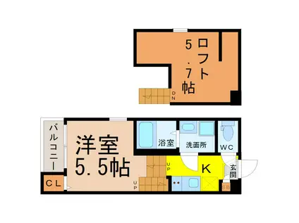 ハーモニーテラス車道(1K/2階)の間取り写真