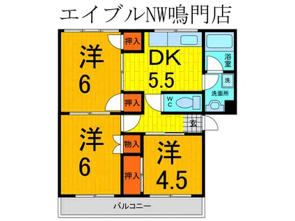 ドミールサニー撫養(3DK/4階)の間取り写真
