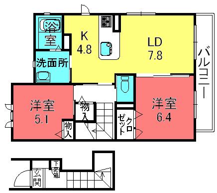 グラン・シーマ 6棟(2LDK/2階)の間取り写真