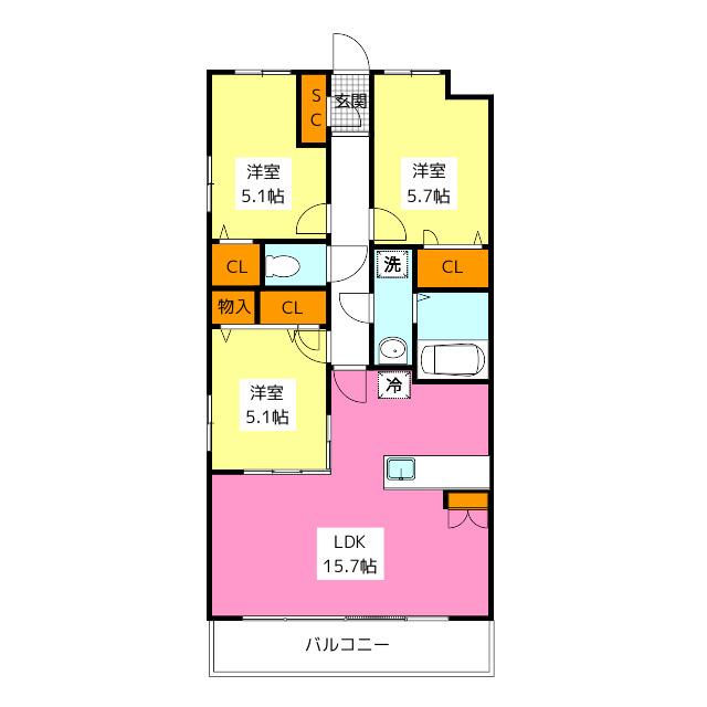ハッピネス若葉台II(3LDK/3階)の間取り写真