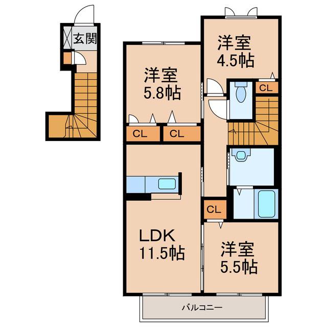 シャーメゾン西庄B棟(3LDK/2階)の間取り写真