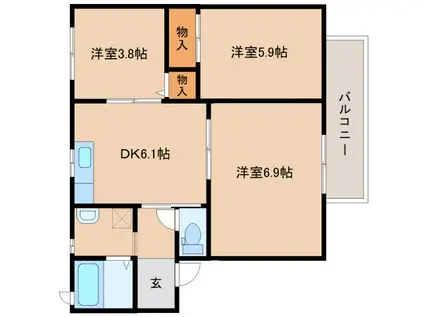 ディアコートA棟(3DK/2階)の間取り写真