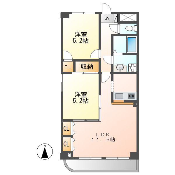 カーサ木村(2LDK/4階)の間取り写真