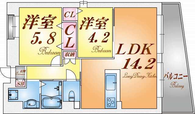 パインコート平磯(2LDK/6階)の間取り写真